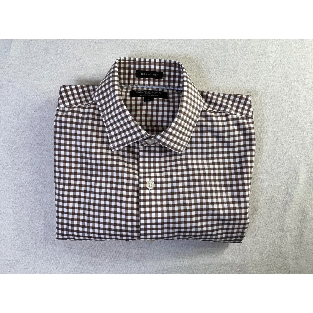 Banana Republic Grant Fit Shirt Mens Small Brown Gingham Non-Iron Cotton Stretch